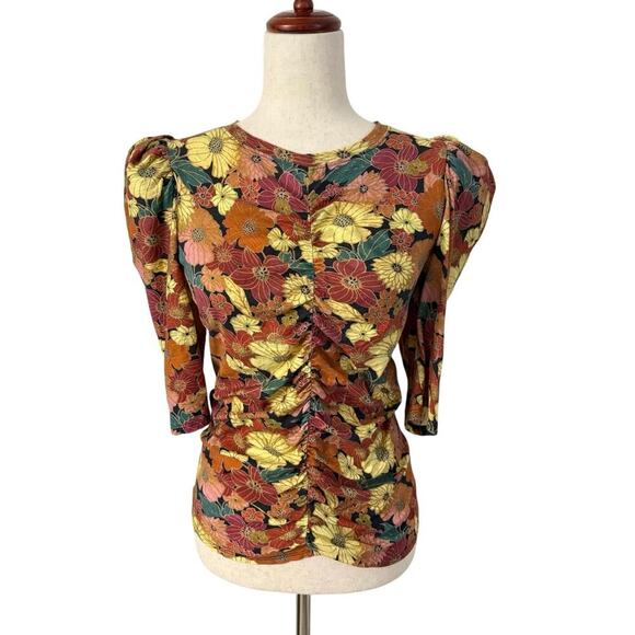 NATION LTD Floral Puff‑Sleeve Shirred Pima Cotton Floral Top Women’s Size Large - Picture 2 of 5